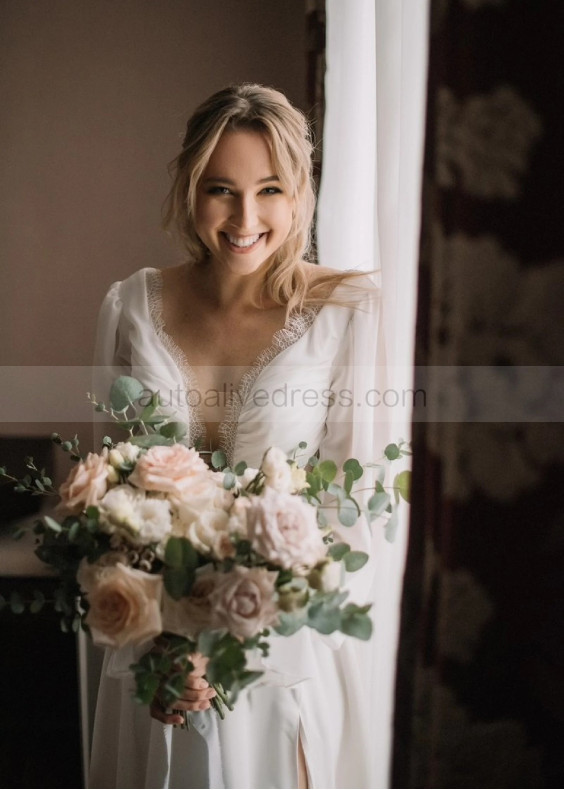 Long Sleeves Ivory Lace Chiffon Slit Wedding Dress Long Sleeves Ivory Lace Chiffon Slit Wedding Dress